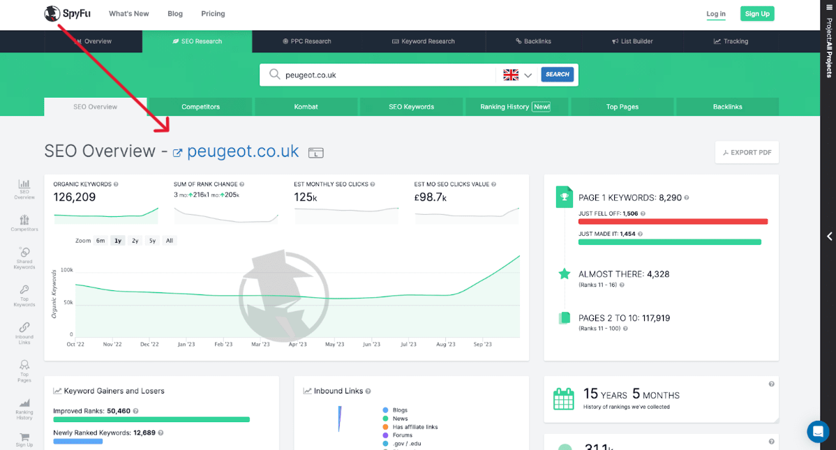 SpyFu user interface